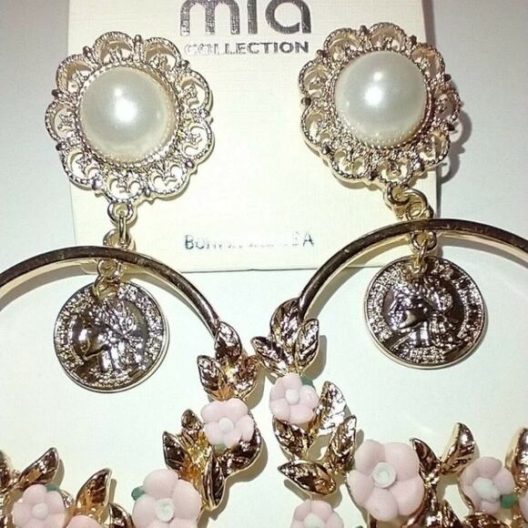 Mia Collection Gold Tone Pearl Pink Rose Dangling Coin Disc Chandelier Earrings - Picture 3 of 5